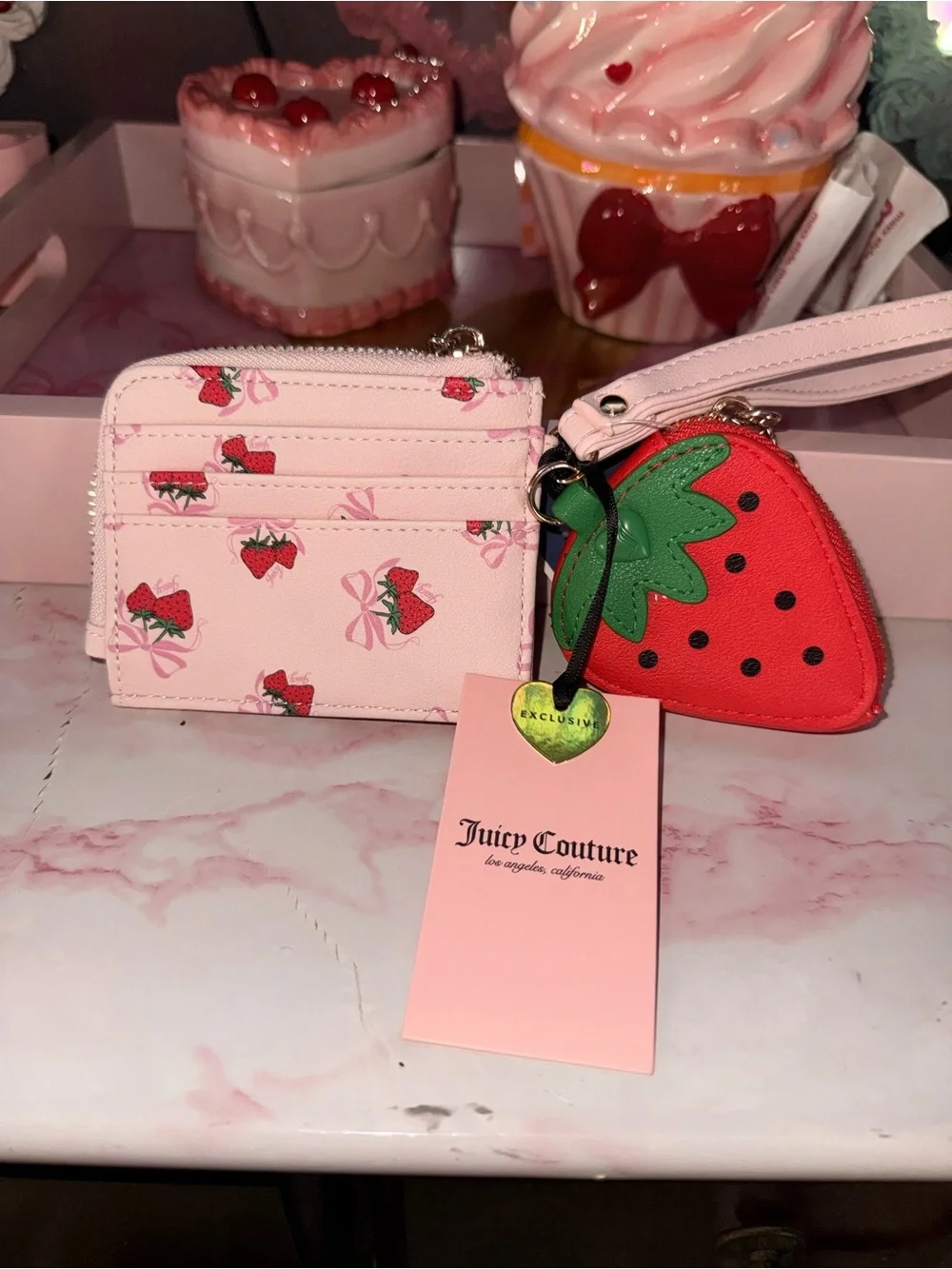 Juicy Couture Sweet Strawberry Zip Card Case Wristlet with Strawberry Coin Pouch